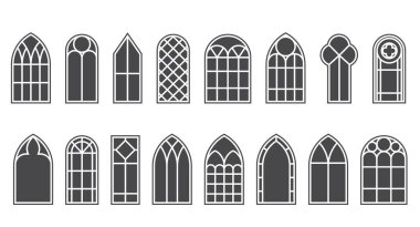 Church medieval windows set. Old gothic style architecture elements. Vector glyph illustration on white background