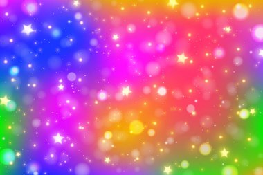 Gökkuşağı fantazisi. Yıldızlar, bokeh ve parıltılarla dolu parlak renkli bir gökyüzü. Holografik dalgalı çizim. Vektör