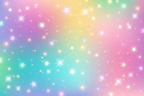 Rainbow Fantasy Background Bright Multicolored Sky Stars Sparkles Holographic Wavy — Stock Vector