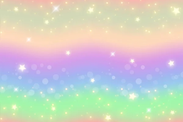 Rainbow Licorne Fantaisie Fond Ondulé Avec Bokeh Étoiles Illustration Holographique — Image vectorielle