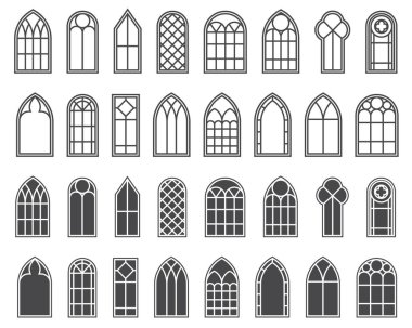 Kilise pencereleri hazır. Gotik kemerlerin siluetleri ve klasik şekil. Eski katedral cam çerçeveler. Ortaçağ iç unsurları. Vektör illüstrasyonu.
