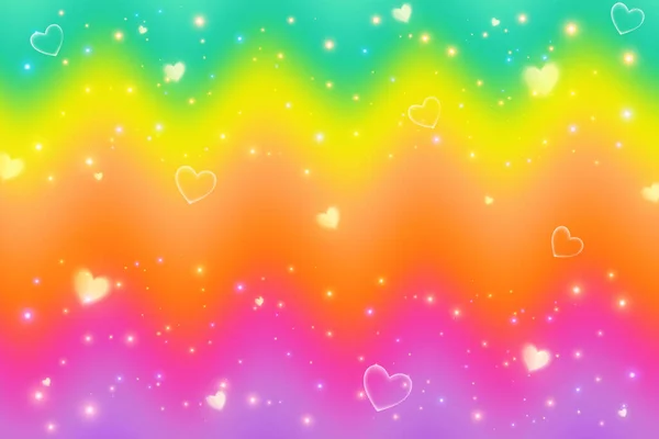Sfondo Ondulato Arcobaleno Con Cuori Stelle Scintille Fantasia Glitter Multicolore — Vettoriale Stock