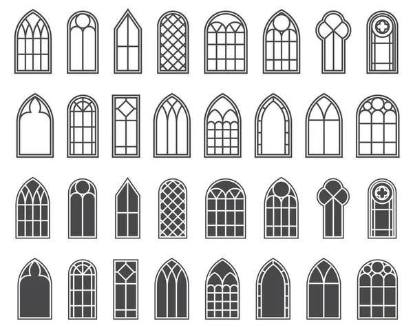 Church Windows Set Silhouettes Gothic Arches Line Glyph Classic Style — Vetor de Stock