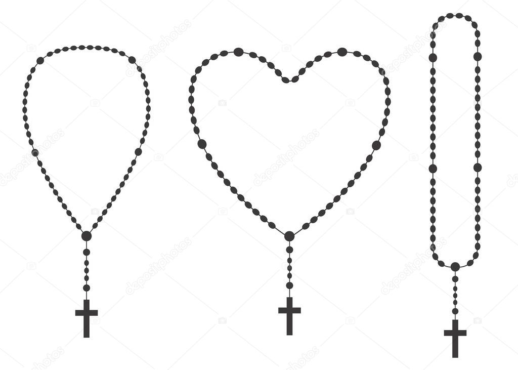 Rosary beads silhouettes set. Prayer heart shaped jewellery for meditation. Catholic chaplet with a cross. Religion symbol. Vector isolated illustration