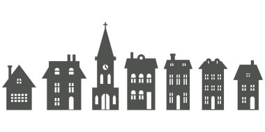 Silhouette of cottages and church in neighborhood. Set of houses on suburban street. Countryside cottagess. Glyph vector illustration clipart