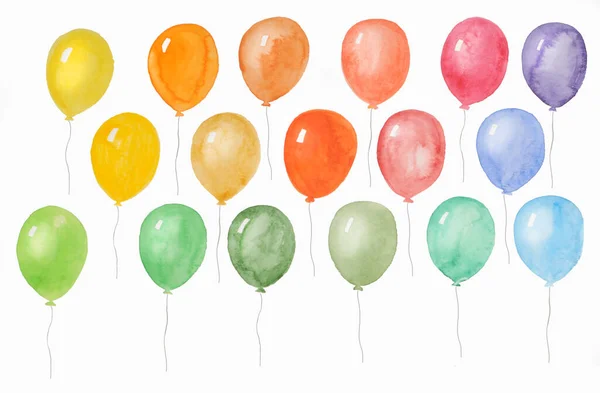 Set Colored Balloons Arranged Rows White Background Watercolor Drawing — 图库照片