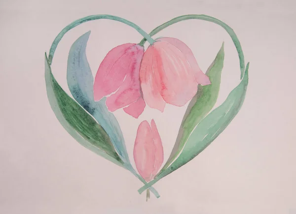 Two Tulips Create Heart Shape Bottom Them Bud Symbol Love 스톡 사진
