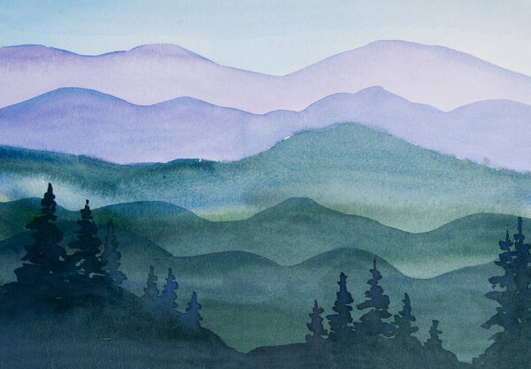 Watercolor abstract background in blue tones reminiscent of mountains