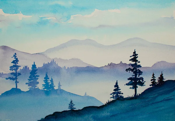 Landschaft Mit Bergen Und Pflanzensilhouetten Mit Aquarellen Blauen Farben lizenzfreie Stockfotos