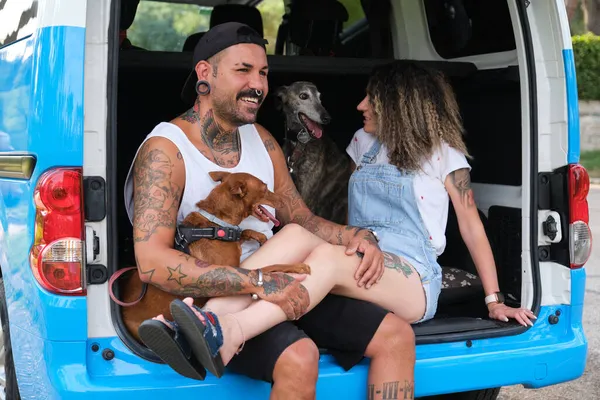 Молодая татуированная пара со своими собаками улыбается и обнимается на заднем сиденье фургона. — стоковое фото