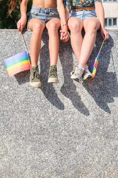 Irriconoscibile coppia lesbica seduta, mani che tengono bandiere arcobaleno. — Foto Stock