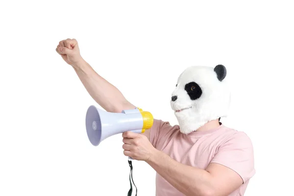 Uomo che indossa una maschera panda testa urlando in megafono, isolato. — Foto Stock