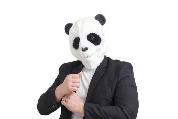 Uomo che indossa una testa di maschera di panda e una tuta, isolato — Foto Stock
