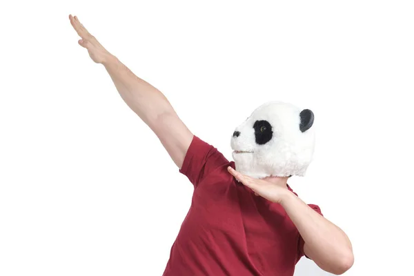 Hombre con una cabeza de máscara de panda mostrando movimiento dab, aislado. —  Fotos de Stock