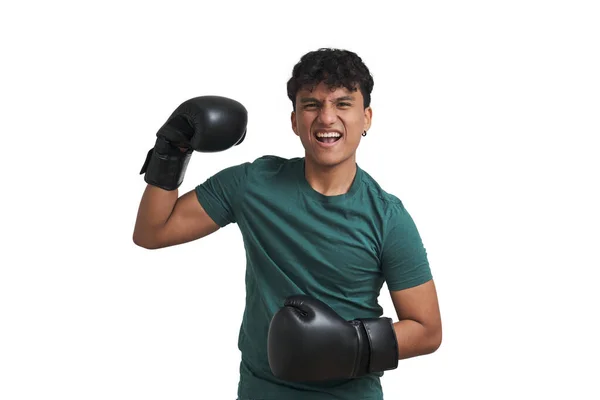 Young peruvian boxer doing a battle cry, isolated. — Stock Photo, Image