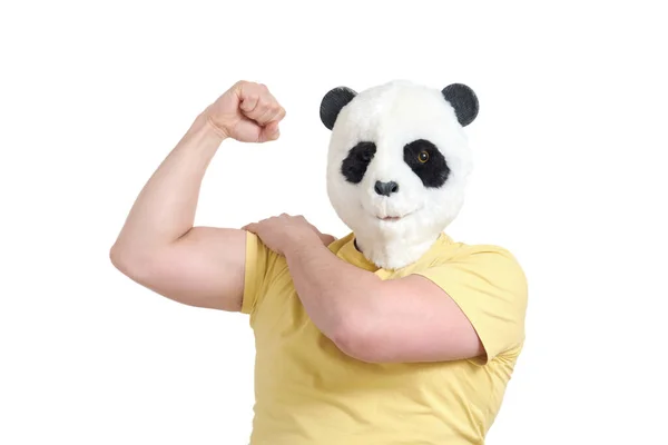 Hombre Con Una Cabeza Máscara Panda Haciendo Gesto Fuerte Aislado —  Fotos de Stock