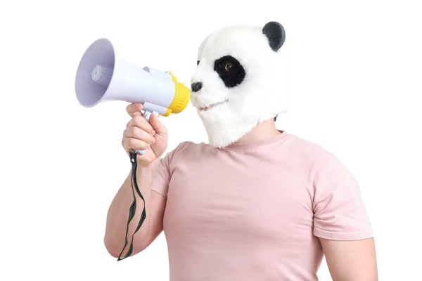 Uomo Con Testa Una Maschera Panda Che Parla Attraverso Megafono — Foto Stock