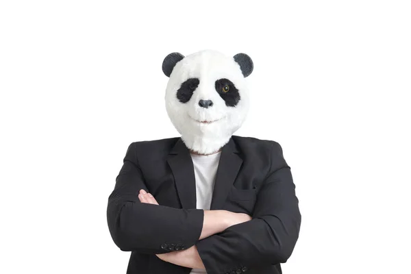 Uomo Che Indossa Una Testa Maschera Panda Abito Braccia Incrociate — Foto Stock