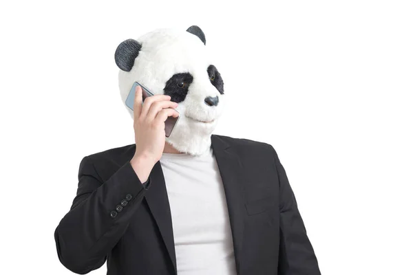 Uomo Che Indossa Una Maschera Panda Testa Abito Parlando Sullo — Foto Stock