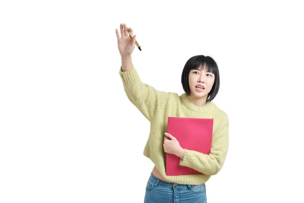 Jovem Asiática Estudante Mulher Levantando Mão Para Fazer Uma Pergunta — Fotografia de Stock