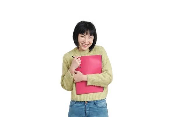 若いアジアの学生の女性は 白い背景に隔離された冬の緑のセーターを着て きれいな笑顔で — ストック写真