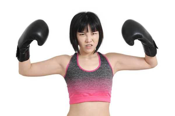 Young Asian Woman Wearing Boxing Gloves Doing Strong Gesture Isolated — Stock Photo, Image