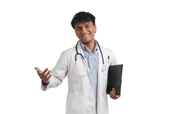 Young Peruvian Male Doctor Smiling Looking Camera Isolated White Background — 스톡 사진