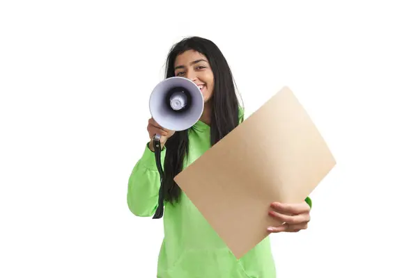 Young Venezuelan Woman Shouting Megaphone Holding Banner Isolated White Background — Foto de Stock