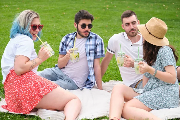 一群快乐的朋友在公园里畅所欲言，畅饮清爽的饮料. — 图库照片