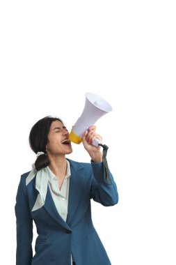 Genç Venezuelalı iş kadını megafonla bağırıyor, izole edilmiş..