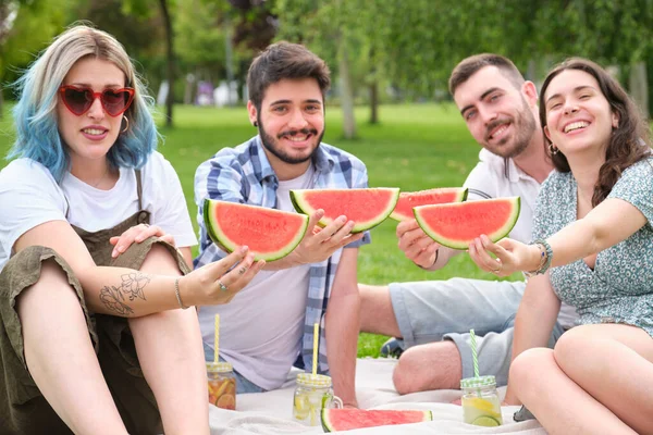 在阳光明媚的夏日 一群快乐的朋友在公园里微笑着 看着相机里放着西瓜野餐 — 图库照片