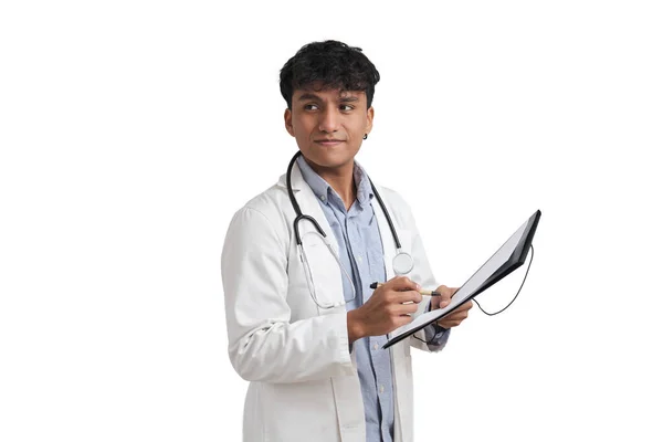 Young Peruvian Male Doctor Writing Medical Report Folder Isolated White — Stok fotoğraf