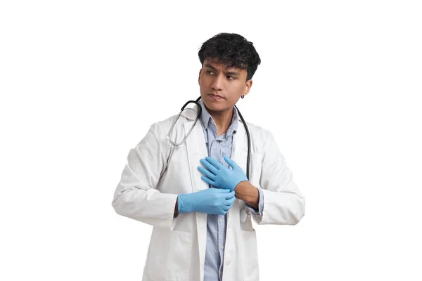 Young Peruvian Male Doctor Wearing Blue Gloves Isolated White Background — Zdjęcie stockowe