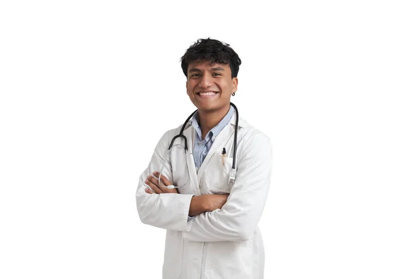 Portret Młodego Peruwiańskiego Lekarza Uśmiechającego Się Patrzącego Kamerę Izolacja Białym — Zdjęcie stockowe