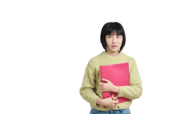 Joven Estudiante Asiática Mirando Con Desconfianza Vistiendo Suéter Verde Invierno — Foto de Stock