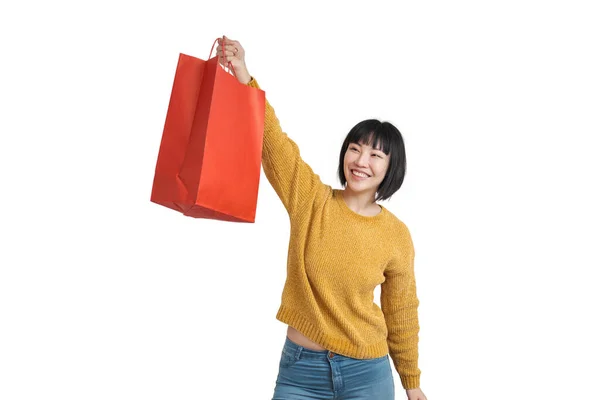 Young Asian Woman Smiling Holding Shopping Bags Isolated White Background — Stock Photo, Image