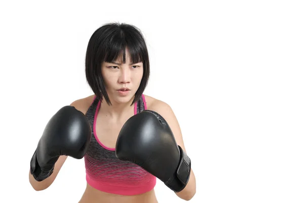 Joven Mujer Asiática Usando Guantes Boxeo Abierta Postura Lucha Aislado — Foto de Stock