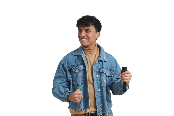 Young Peruvian Man Holding Microphone Dancing Isolated White Background — Foto Stock
