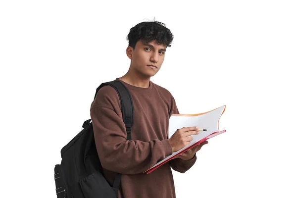 Young Peruvian Student Writing Paper Looking Camera Isolated White Background - Stock-foto