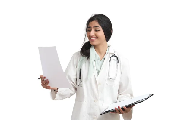 Young Venezuelan Female Doctor Reading Medical Report Smiling Isolated White — Stok fotoğraf