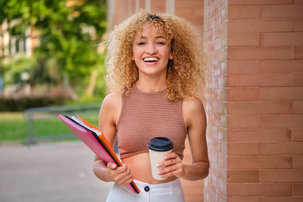 Portrait Young Brazilian University Student Smiling Looking Camera Cup Coffee — Stockfoto
