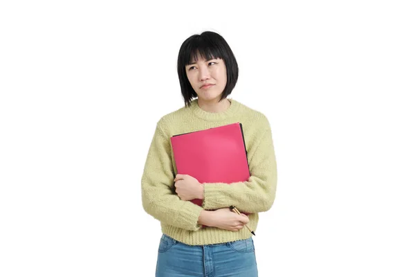 Asyalı Genç Bayan Üzgün Kışlık Yeşil Süveter Giyiyor Beyaz Arka — Stok fotoğraf