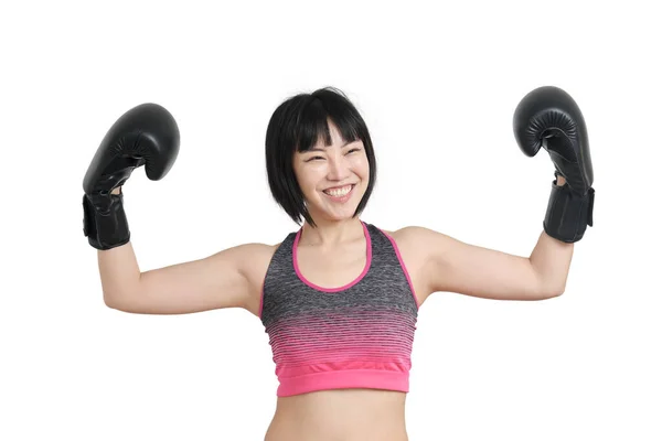 Young Asian Woman Wearing Boxing Gloves Doing Strong Gesture Smiling — Stockfoto