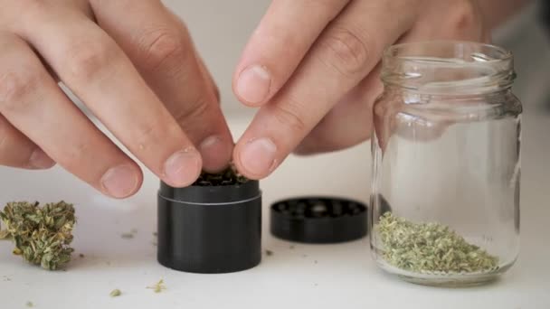 Two Hands Using Marihuana Grinder Shred Buds Herb Grinder — 비디오