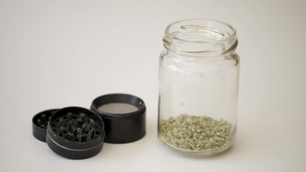 Homemade Cbd Oil Being Prepared Milled Cannabis Female Flower Olive — Stok video