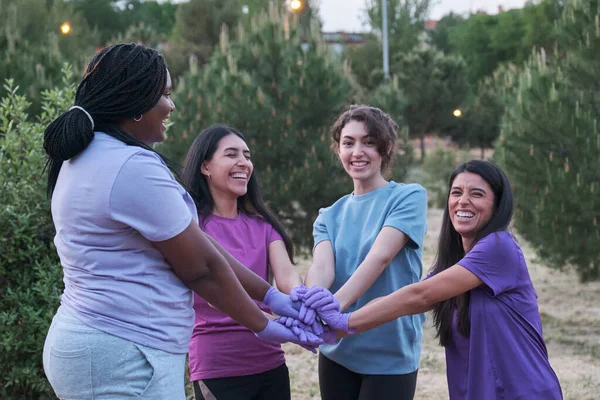 Group Multiracial Active Women Smiling Putting Hands Together Picking Trash — Φωτογραφία Αρχείου