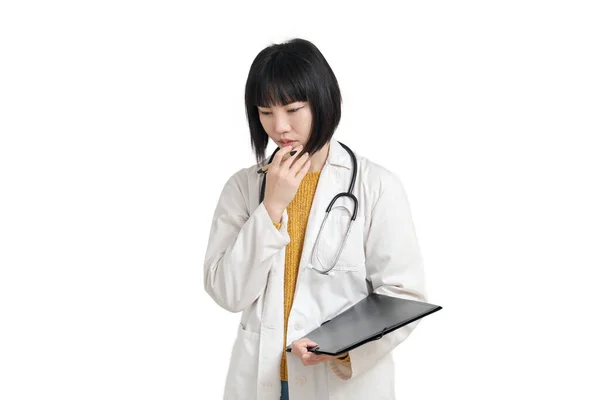 Young Asian Female Doctor Worried Isolated White Background — Stock Photo, Image
