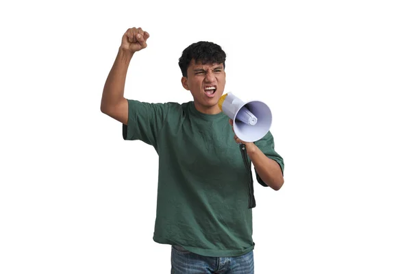 Молодий Перуанський Чоловік Кричить Через Мегафон Ізольовані Білому Тлі — стокове фото