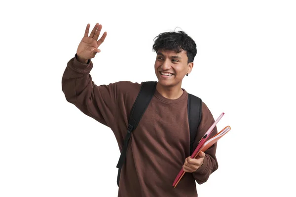 Young Peruvian Student Waving Smiling Holding Folders Backpack Isolated White — 스톡 사진