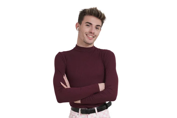 Young Caucasian Man Smiling His Arms Crossed Earphones Isolated White — Stock Photo, Image